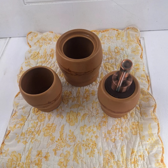 Country Living Barbwire Bath Set Rinse Cup Cotton/QTip Container Soap Pump Brown - Picture 5 of 13